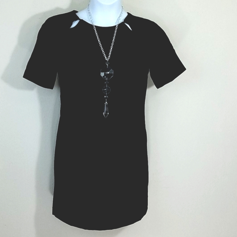 Black Crepe Mini Dress M Short Sleeve Side Keyhole Cutouts Lined Cocktail LBD